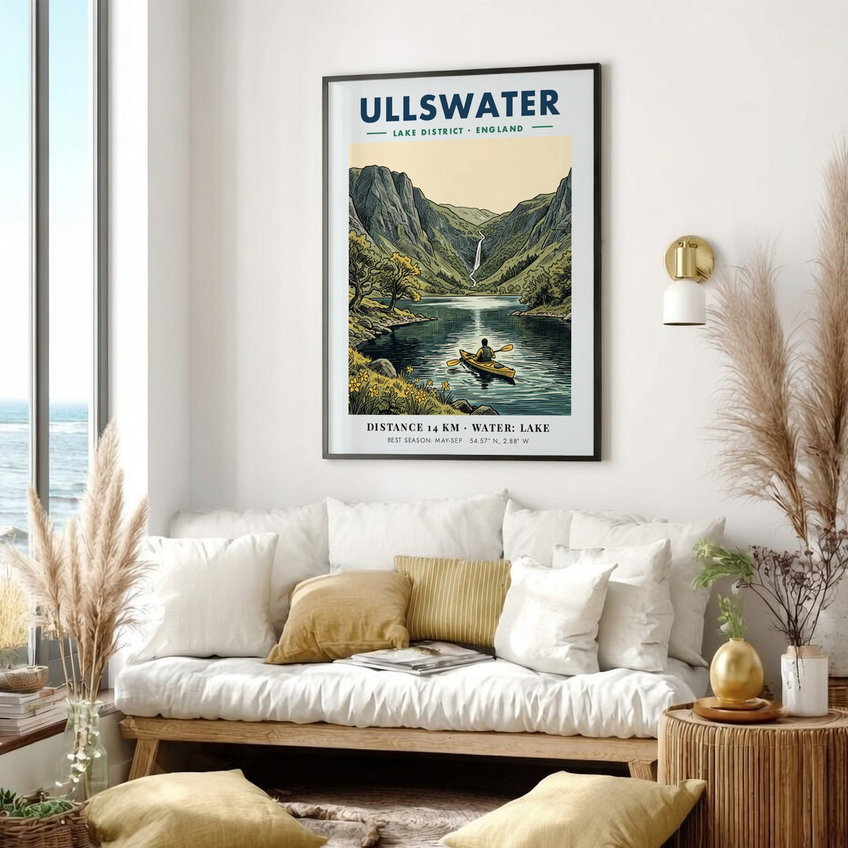 Travel poster of Ullswater featuring a kayaker on a lake beneath green mountains.