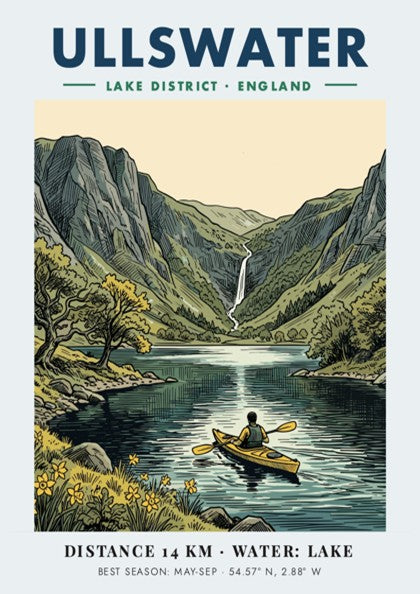 Travel poster of Ullswater featuring a kayaker on a lake beneath green mountains.