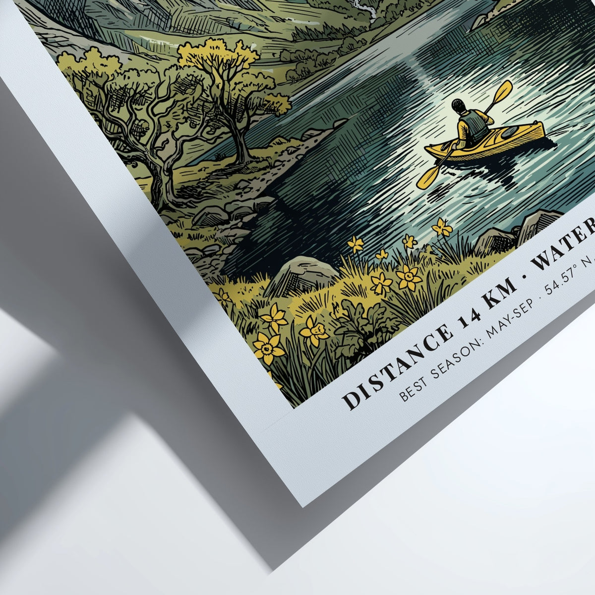 Travel poster of Ullswater featuring a kayaker on a lake beneath green mountains.