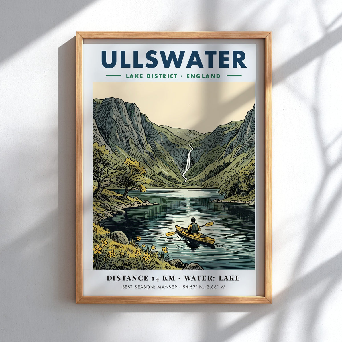 Travel poster of Ullswater featuring a kayaker on a lake beneath green mountains.