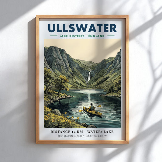 Travel poster of Ullswater featuring a kayaker on a lake beneath green mountains.