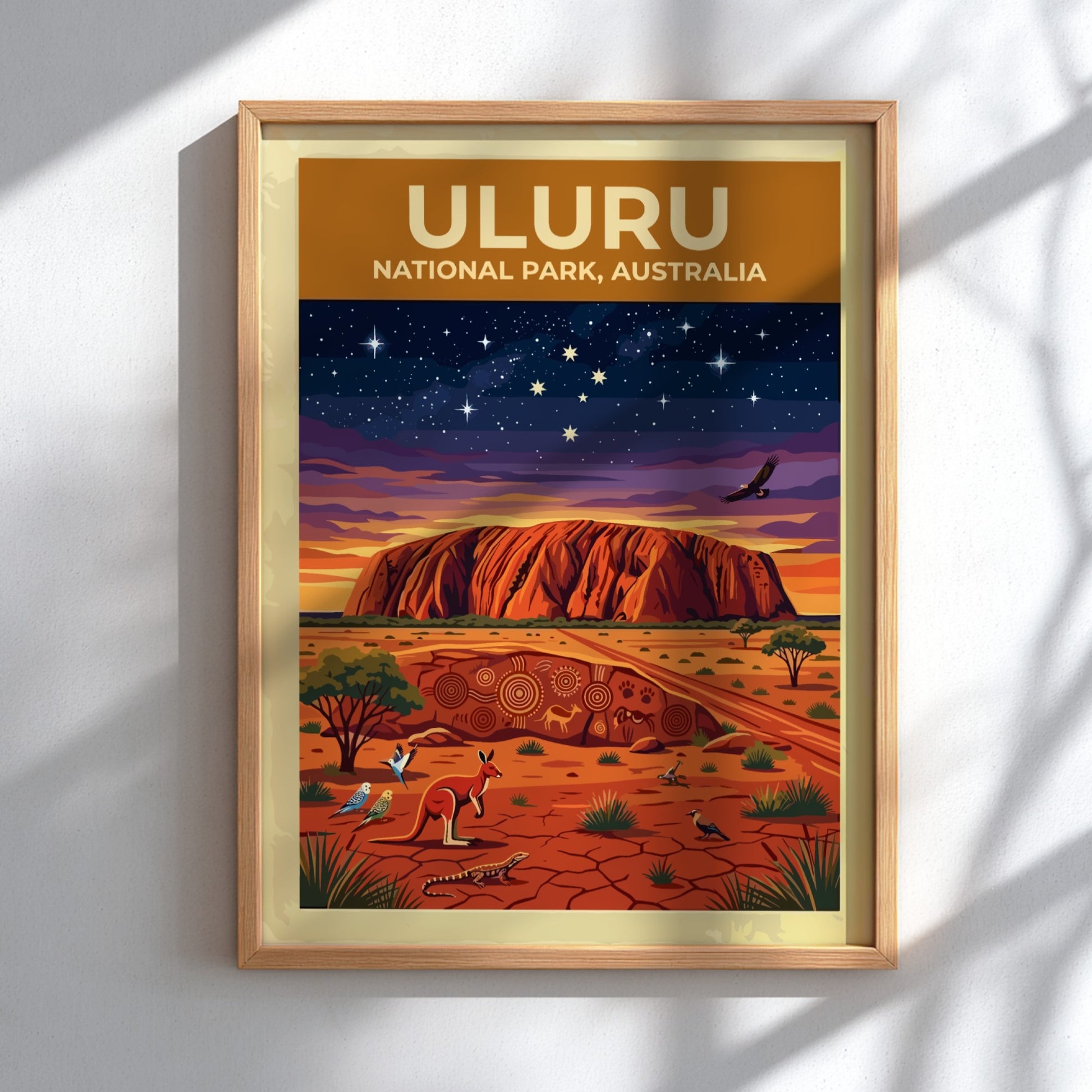 Australia travel poster featuring Uluru monolith under a starry sky with native desert wildlife