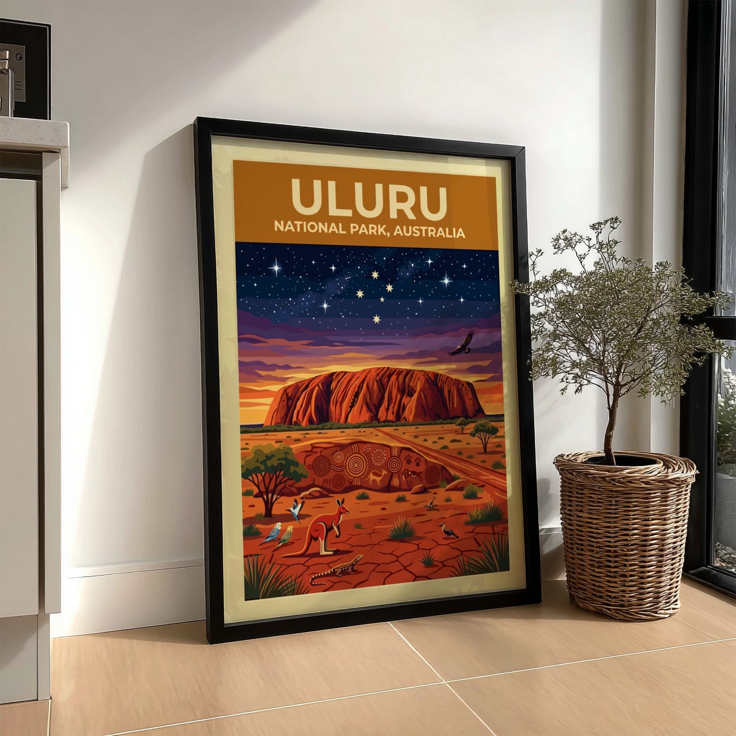 Australia travel poster featuring Uluru monolith under a starry sky with native desert wildlife