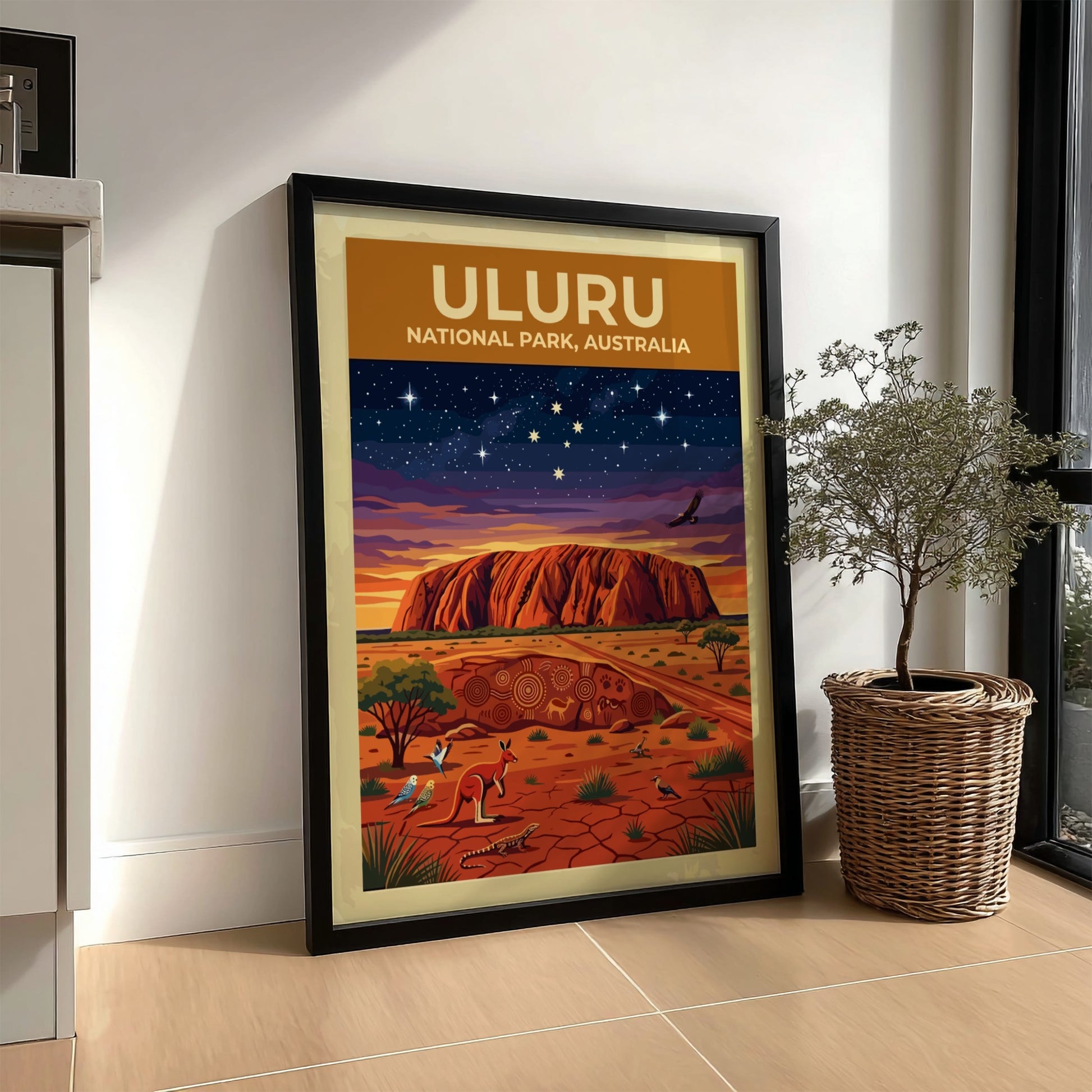 Australia travel poster featuring Uluru monolith under a starry sky with native desert wildlife