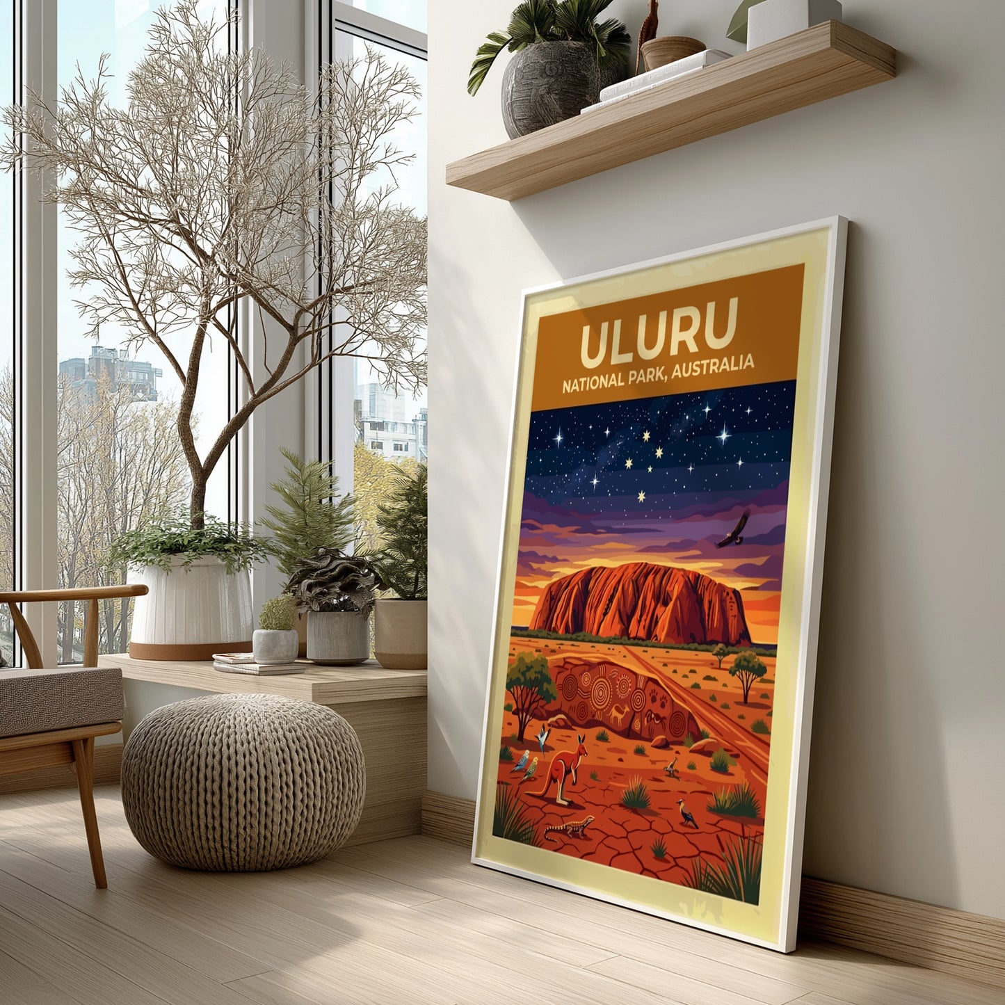 Australia travel poster featuring Uluru monolith under a starry sky with native desert wildlife