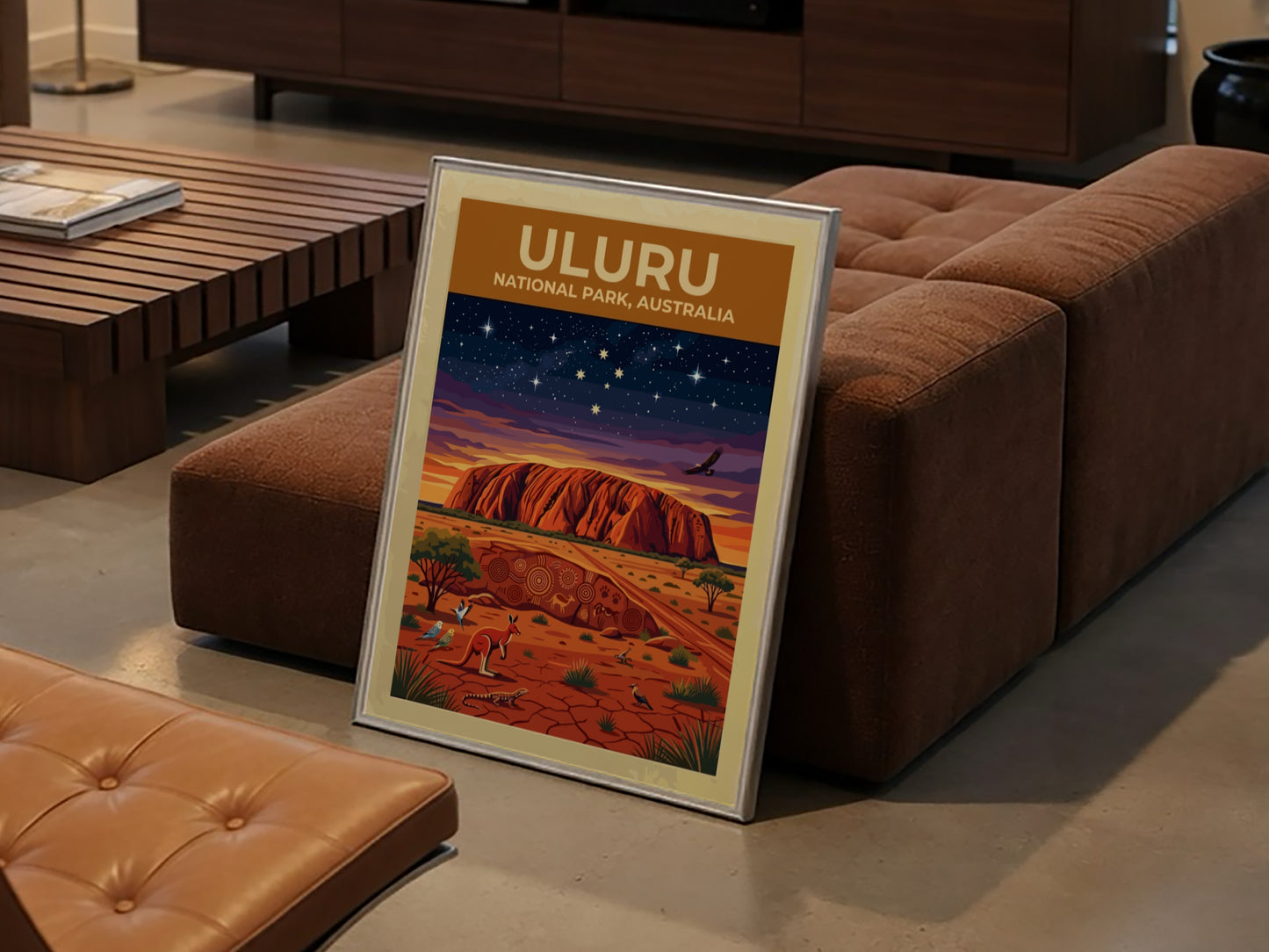 Australia travel poster featuring Uluru monolith under a starry sky with native desert wildlife