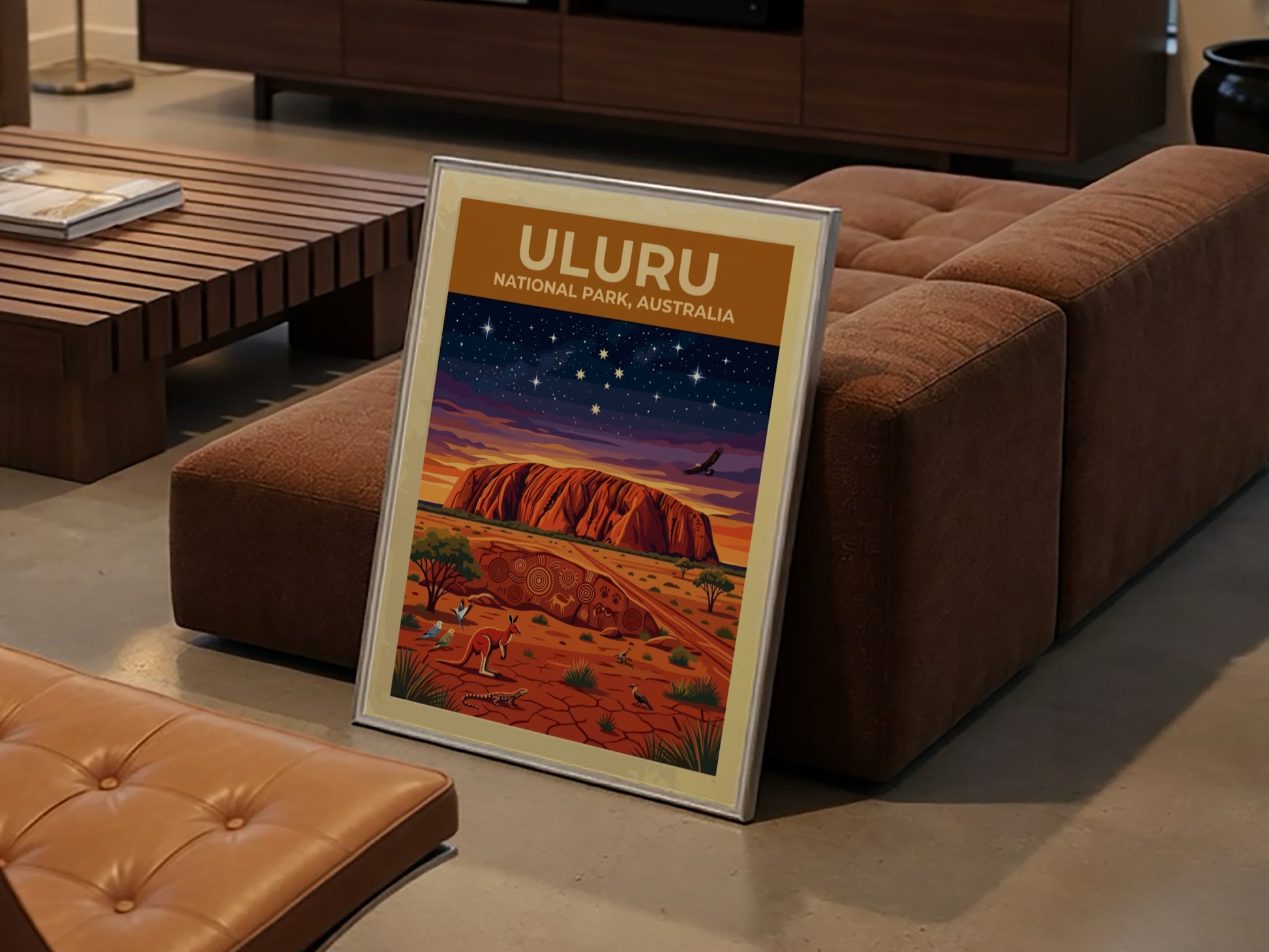 Australia travel poster featuring Uluru monolith under a starry sky with native desert wildlife