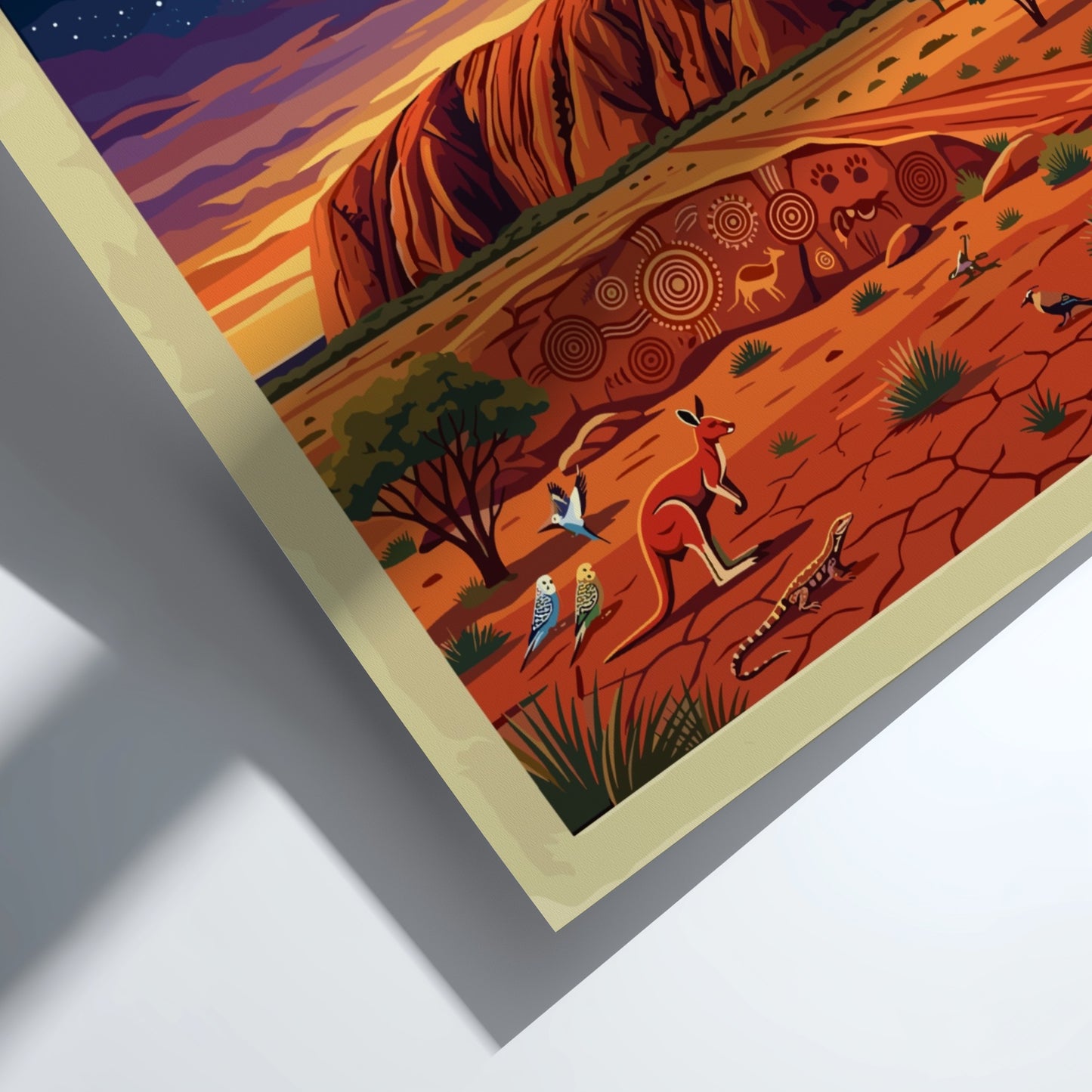 Australia travel poster featuring Uluru monolith under a starry sky with native desert wildlife