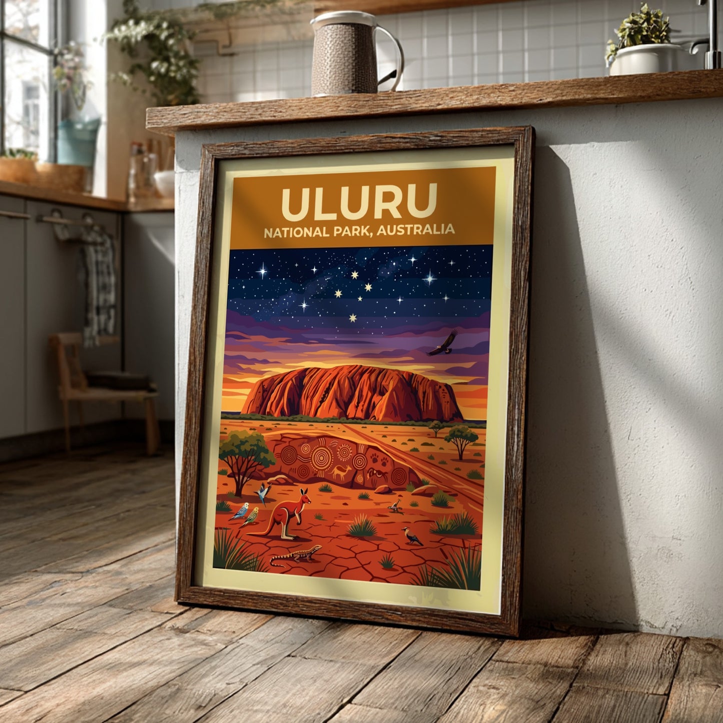 Australia travel poster featuring Uluru monolith under a starry sky with native desert wildlife