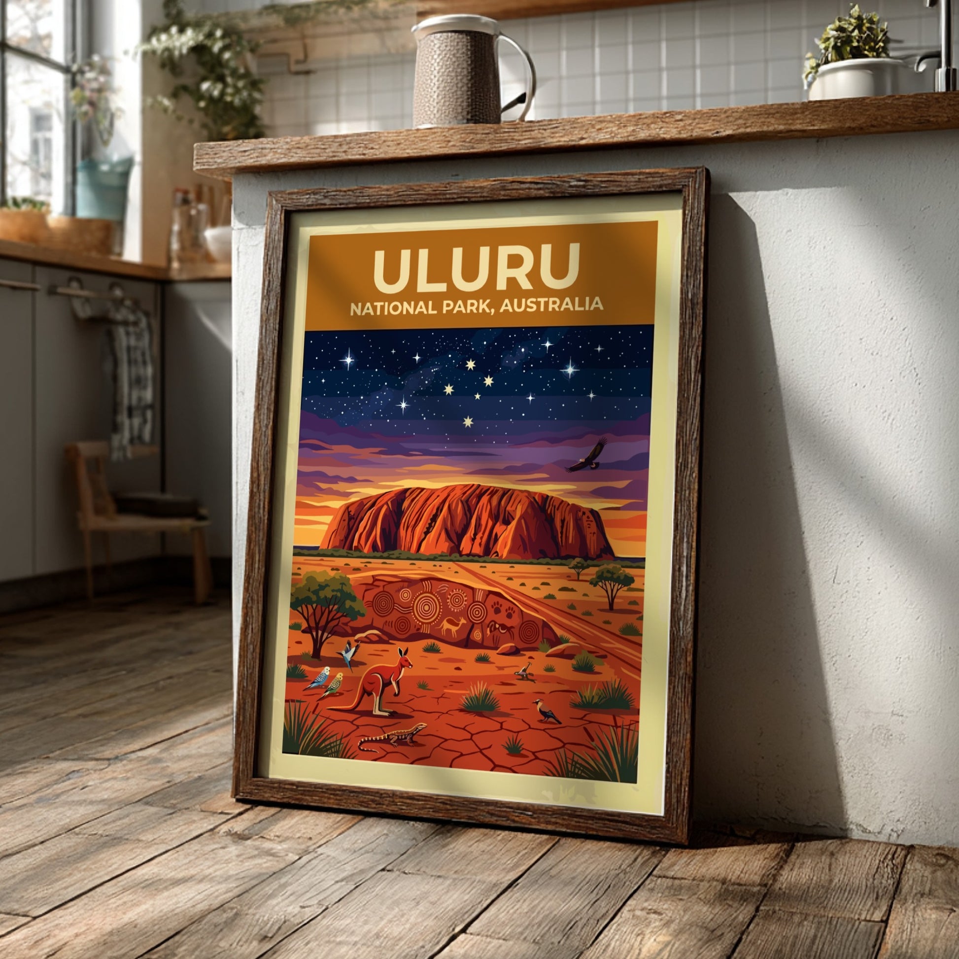 Australia travel poster featuring Uluru monolith under a starry sky with native desert wildlife
