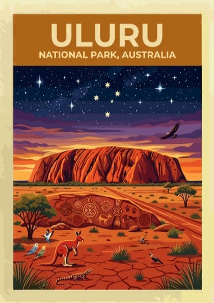Australia travel poster featuring Uluru monolith under a starry sky with native desert wildlife