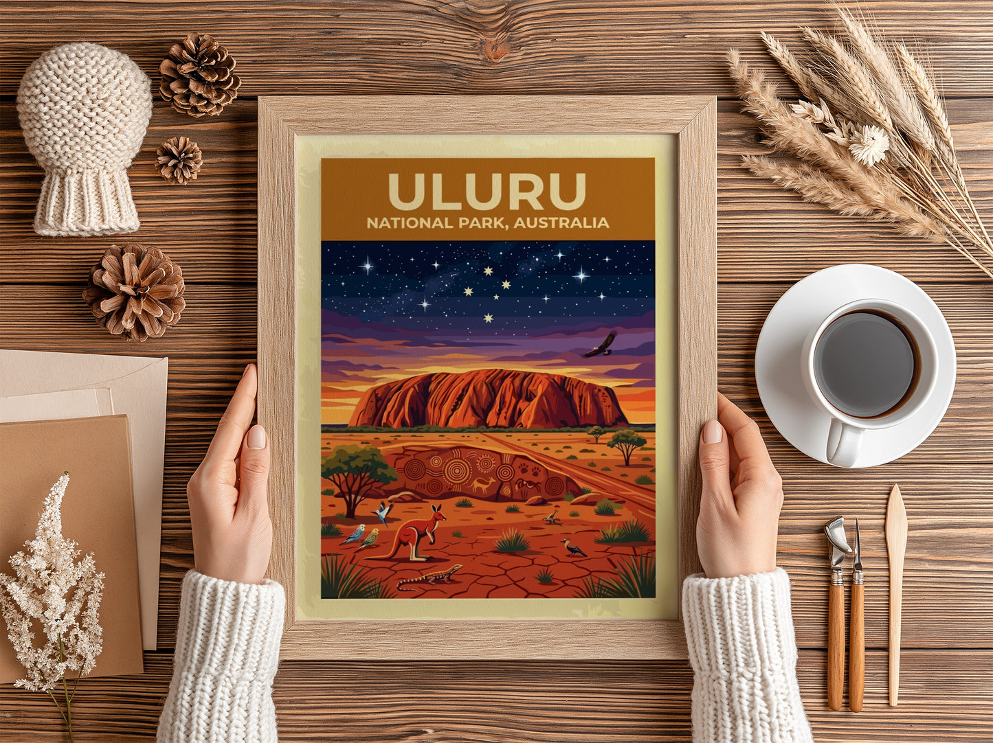 Australia travel poster featuring Uluru monolith under a starry sky with native desert wildlife