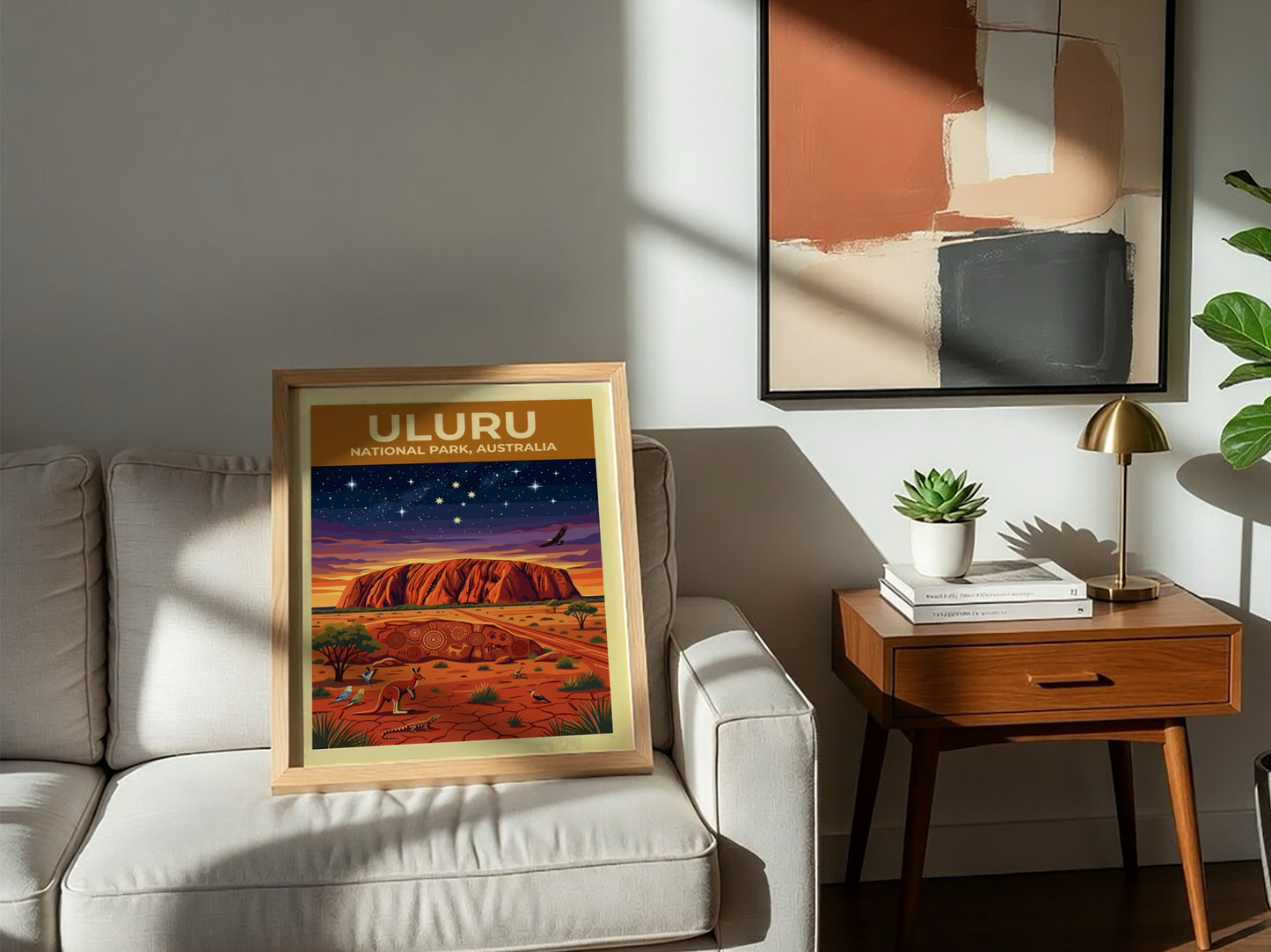 Australia travel poster featuring Uluru monolith under a starry sky with native desert wildlife