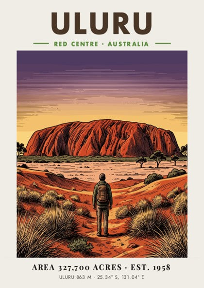 Poster of Uluru in the Australian Red Centre with a traveler at sunset