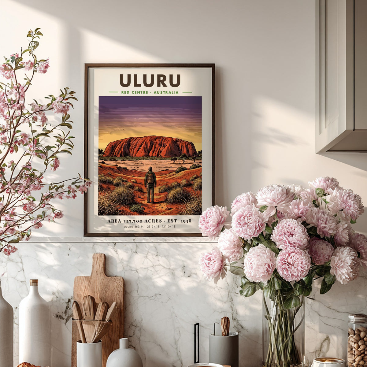 Poster of Uluru in the Australian Red Centre with a traveler at sunset
