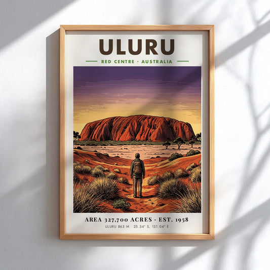 Poster of Uluru in the Australian Red Centre with a traveler at sunset