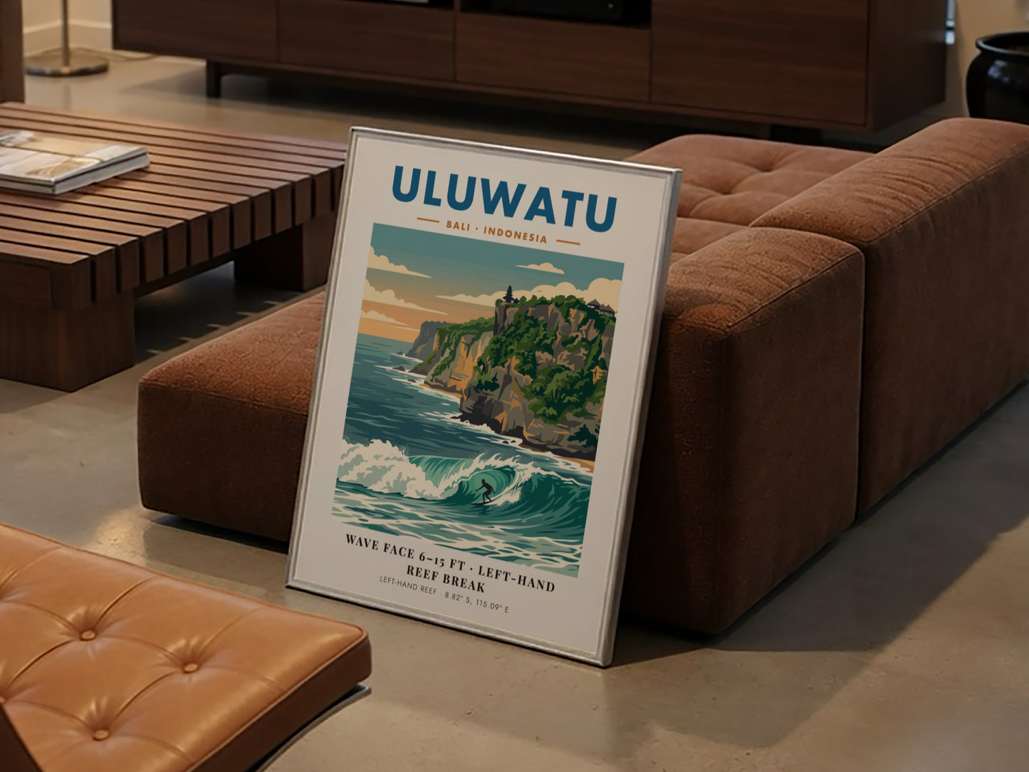 Travel poster featuring the Uluwatu cliffs, a powerful surf break, and blue tones.