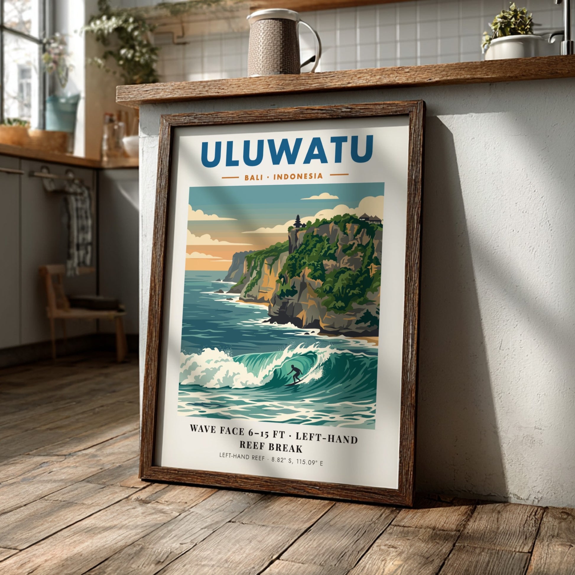 Travel poster featuring the Uluwatu cliffs, a powerful surf break, and blue tones.