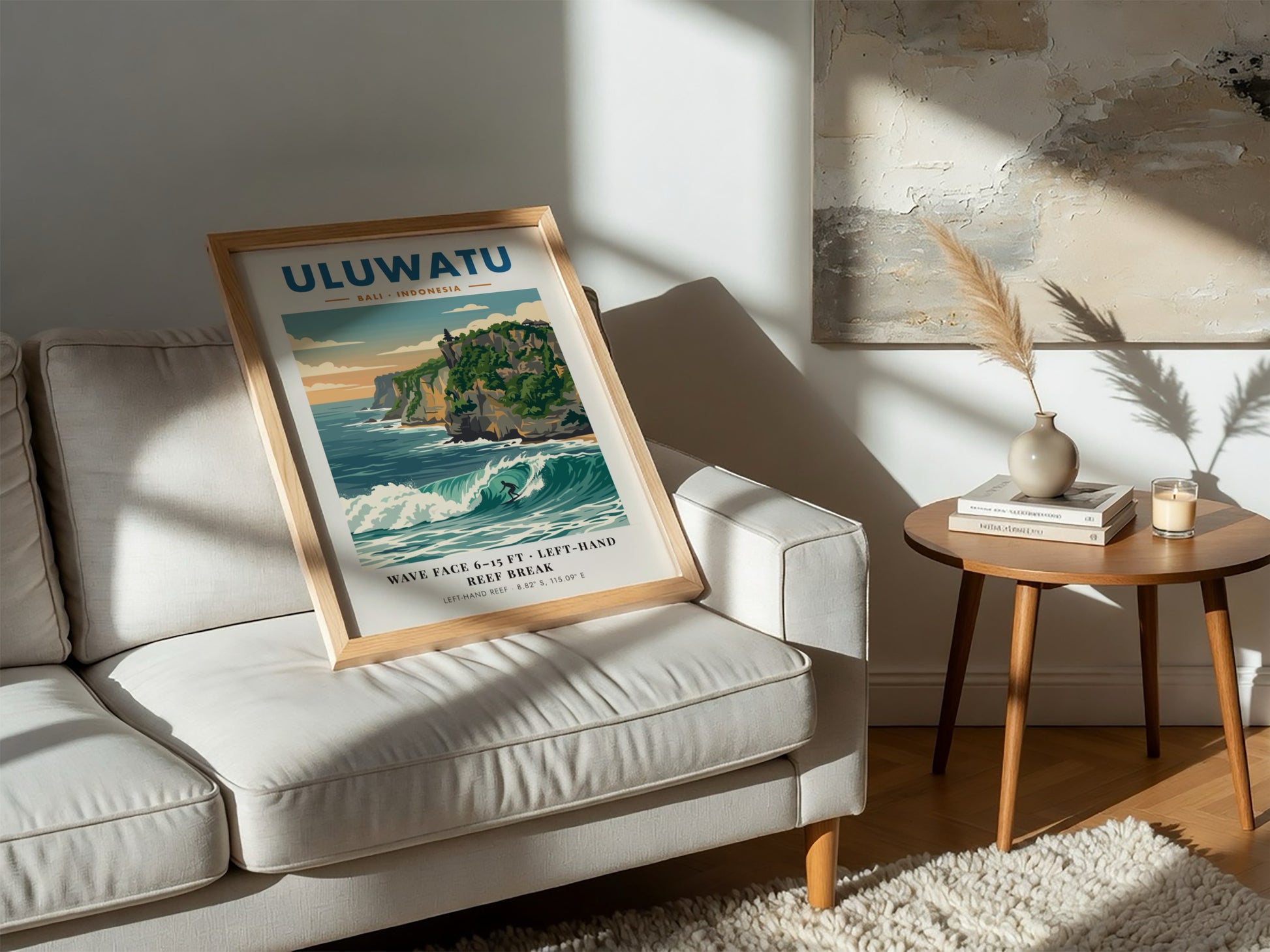 Travel poster featuring the Uluwatu cliffs, a powerful surf break, and blue tones.