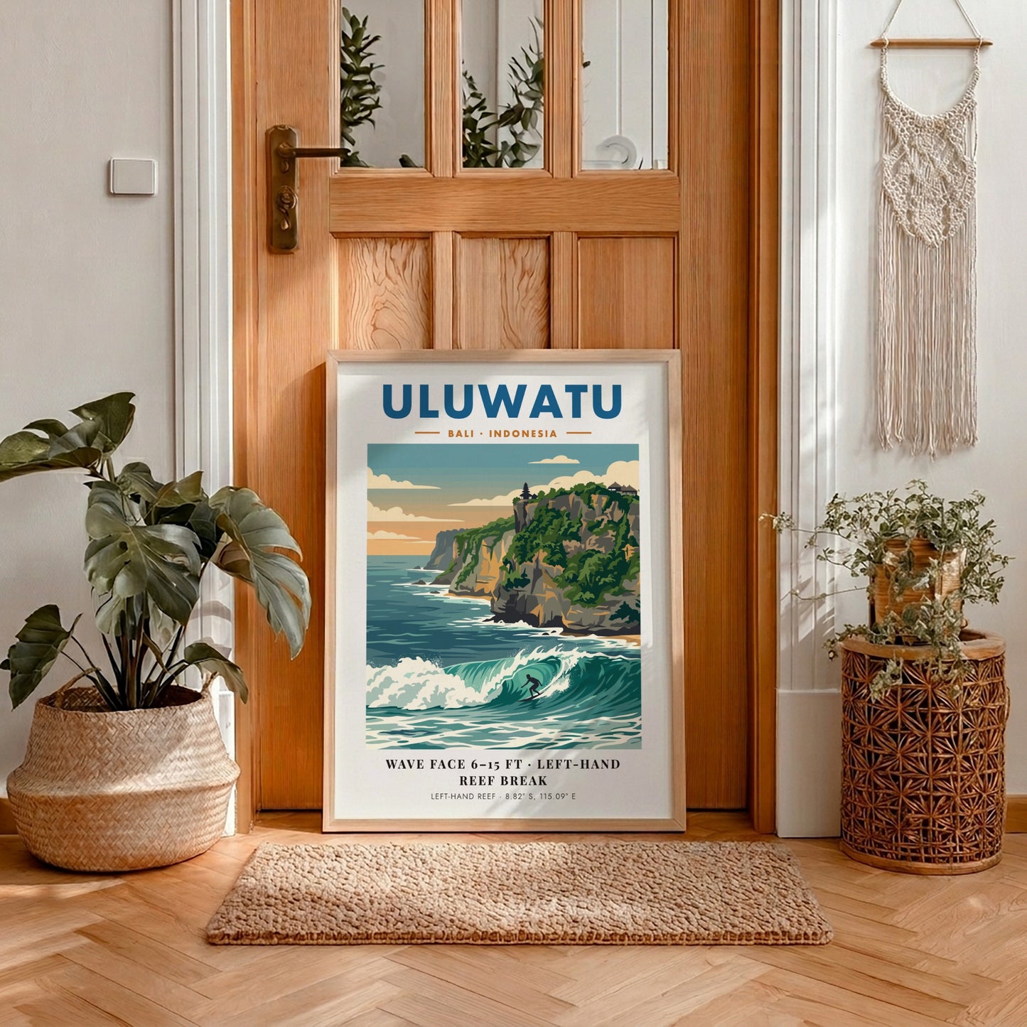 Travel poster featuring the Uluwatu cliffs, a powerful surf break, and blue tones.