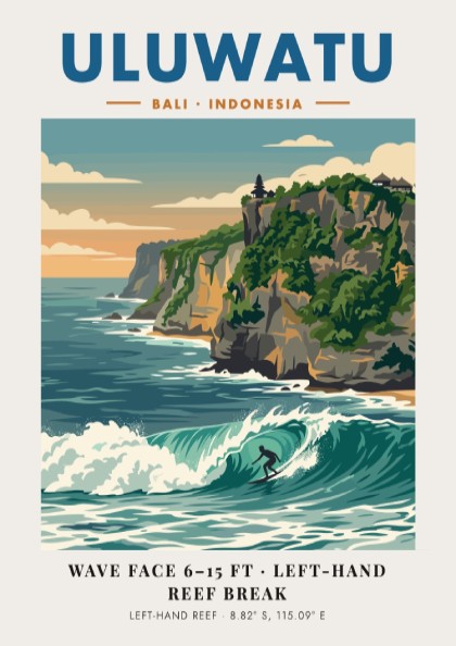 Travel poster featuring the Uluwatu cliffs, a powerful surf break, and blue tones.