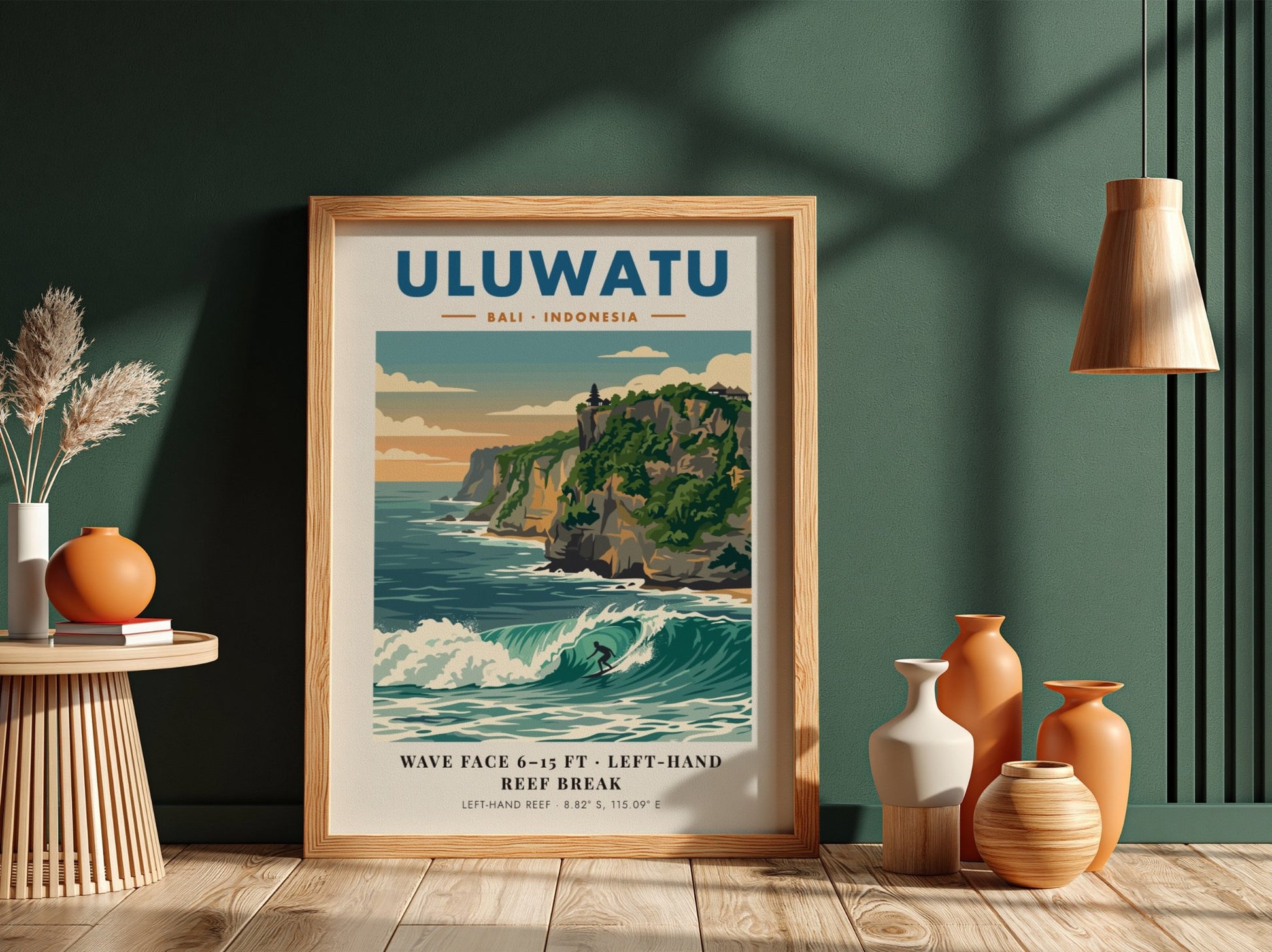 Travel poster featuring the Uluwatu cliffs, a powerful surf break, and blue tones.