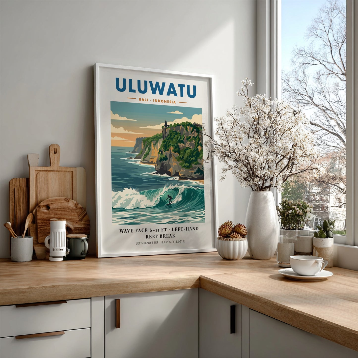 Travel poster featuring the Uluwatu cliffs, a powerful surf break, and blue tones.