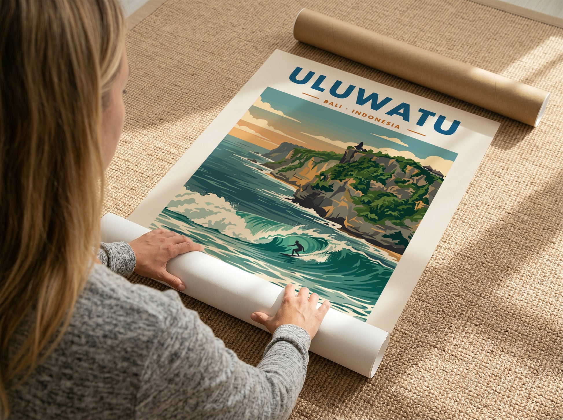 Travel poster featuring the Uluwatu cliffs, a powerful surf break, and blue tones.