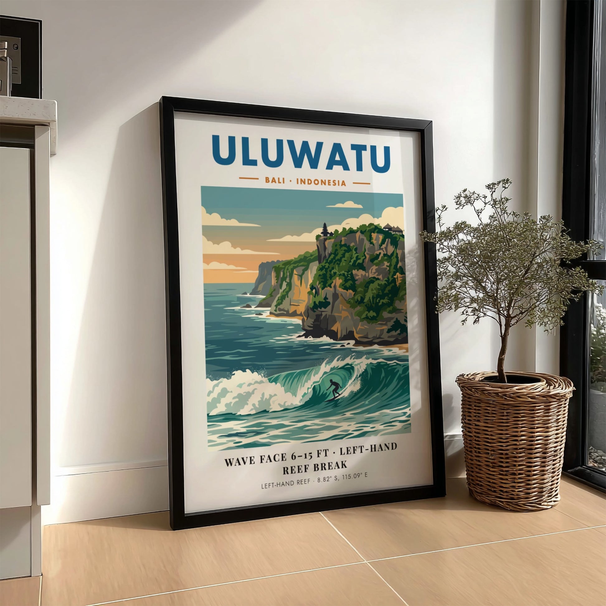 Travel poster featuring the Uluwatu cliffs, a powerful surf break, and blue tones.