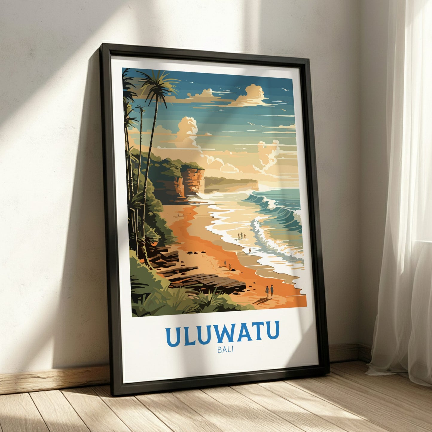 Framed poster of Uluwatu beach in Bali on a wall.