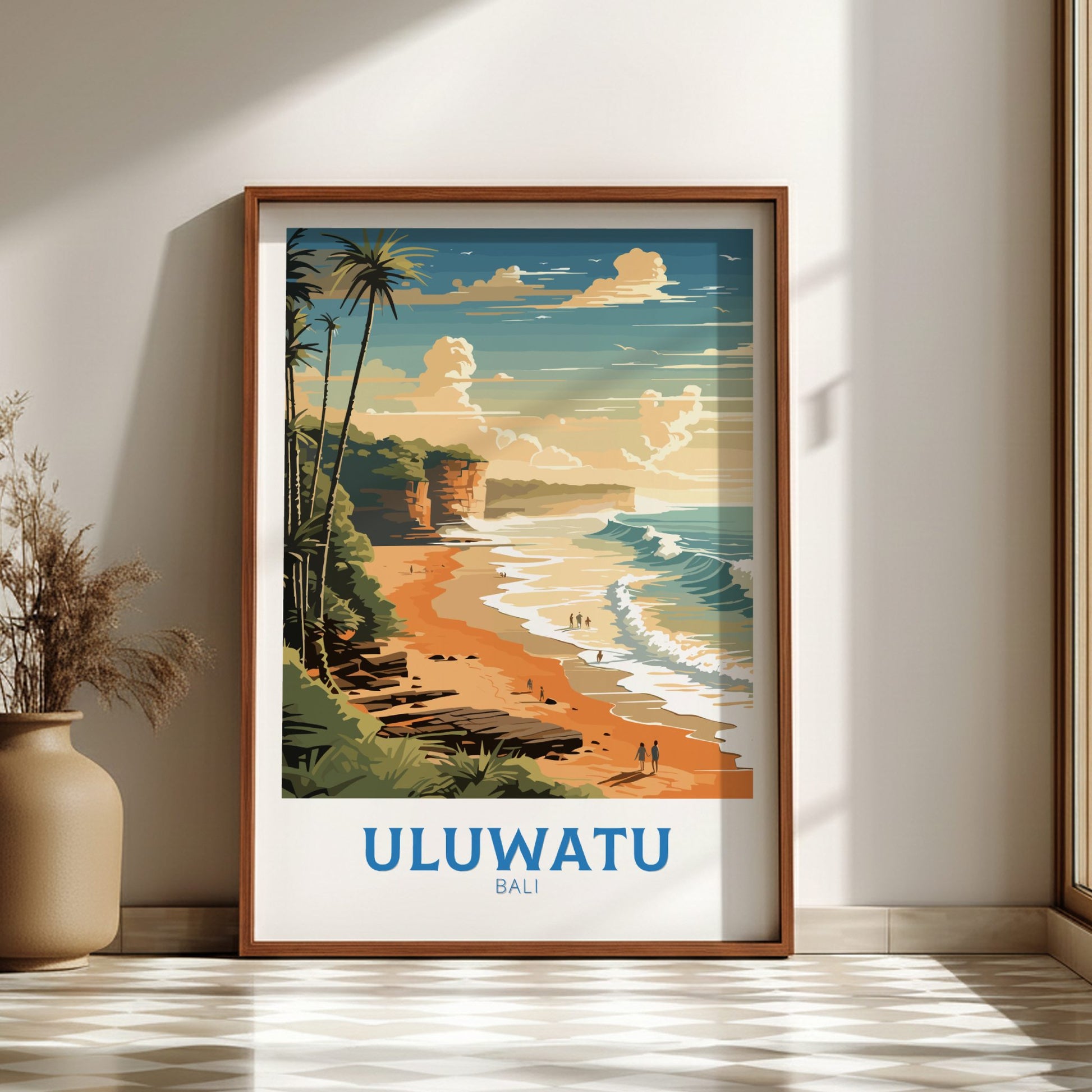 Framed artwork of Uluwatu beach in Bali on a wall.