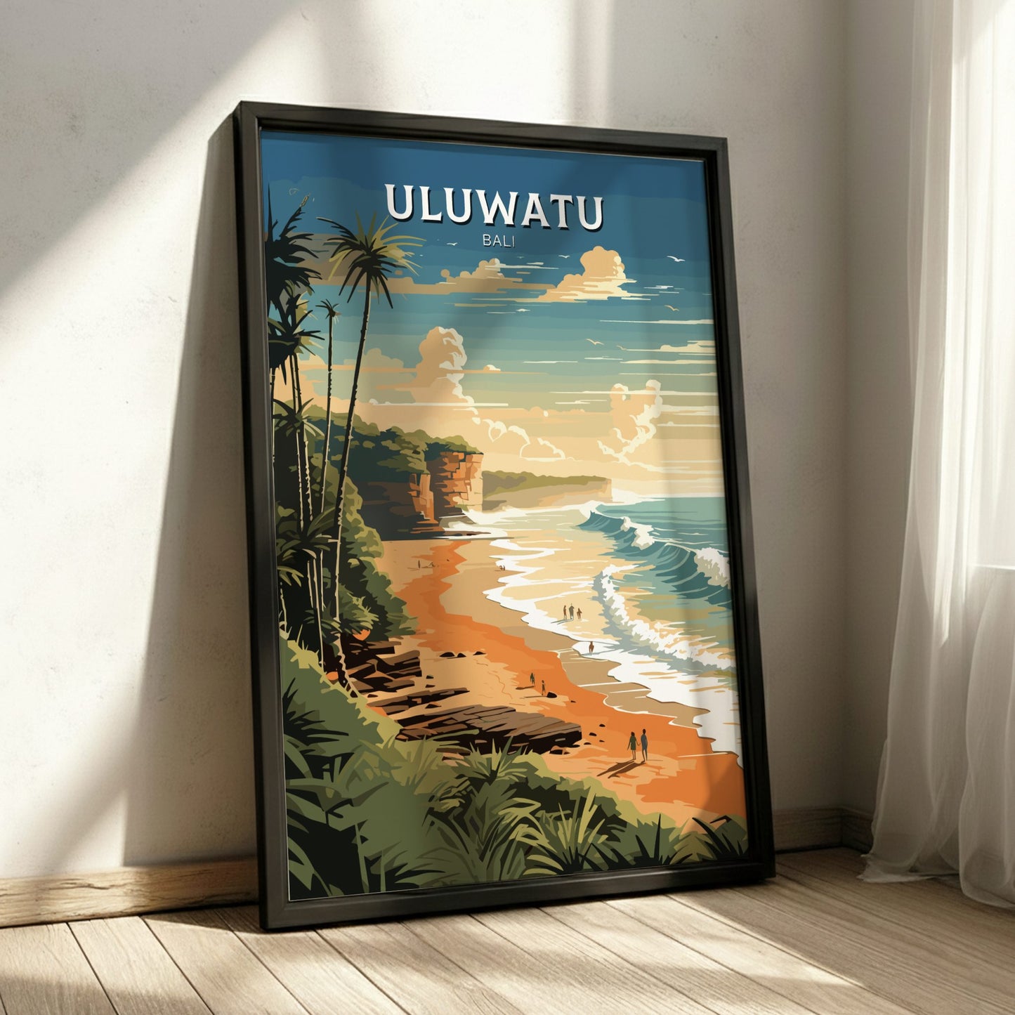 Framed poster of Uluwatu beach with palm trees and ocean view on a wall.