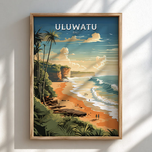 Framed artwork of Uluwatu beach in Bali with a wooden frame.