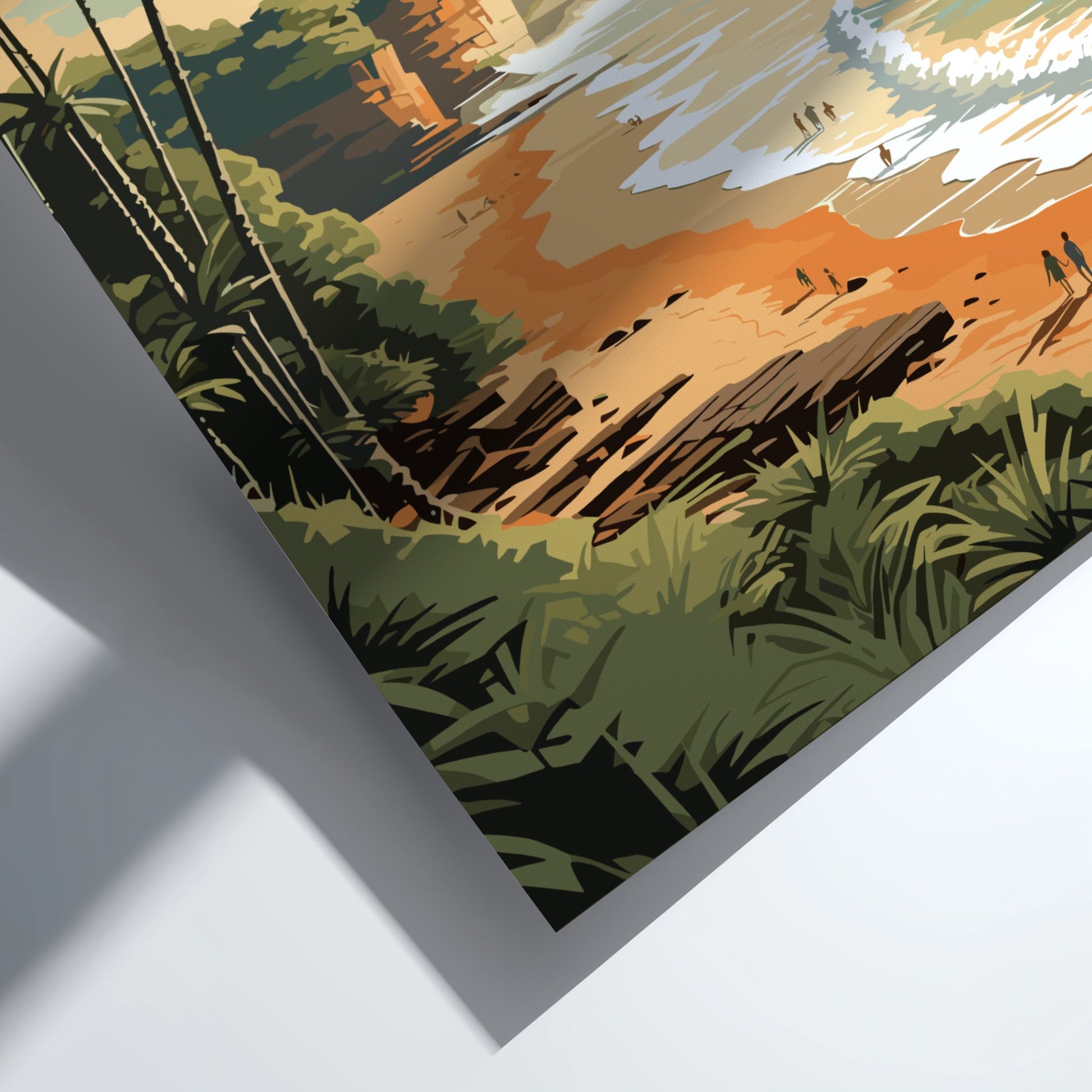 Artistic depiction of a tropical landscape with a sunset over a beach and jungle.