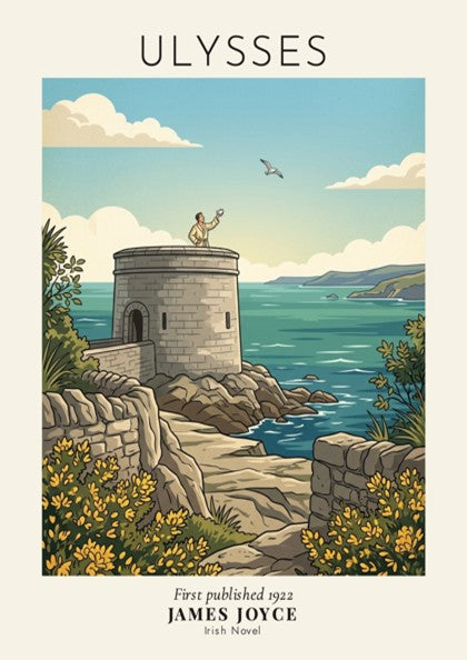 Ulysses James Joyce poster featuring a Martello Tower on the Irish coast in blue.