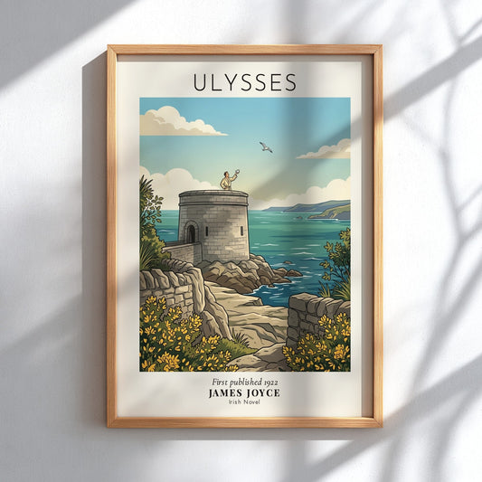 Ulysses James Joyce poster featuring a Martello Tower on the Irish coast in blue.