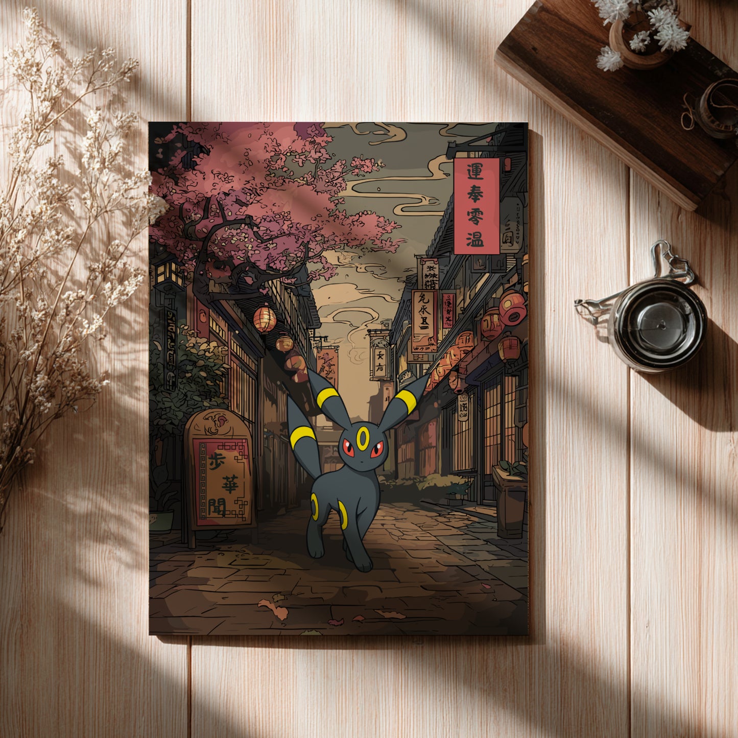 Poster with Umbreon Pokemon on a cherry blossom street design, placed on a wooden surface.
