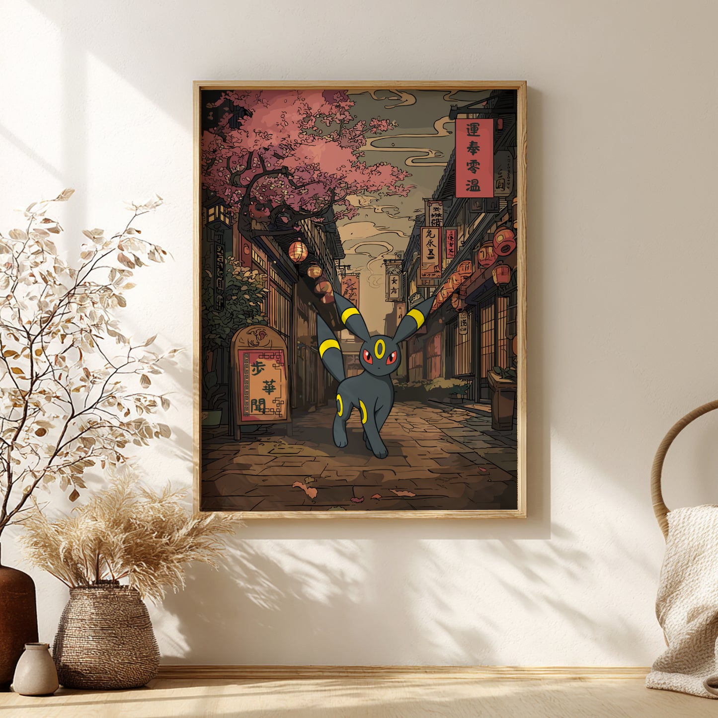Framed artwork of Umbreon Pokemon in an Asian-style street scene with cherry blossoms.