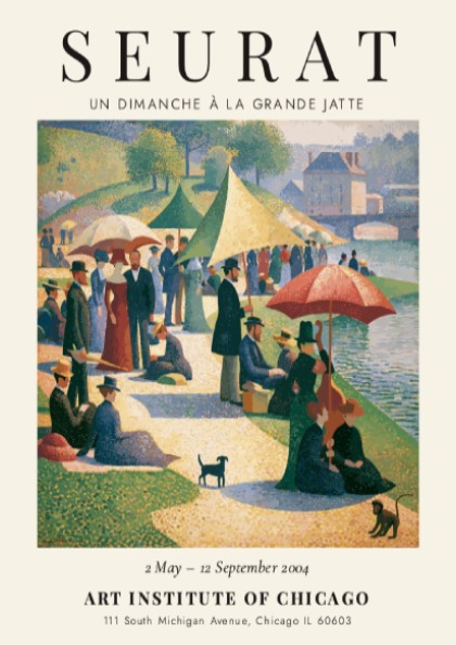 Seurat exhibition poster featuring Un Dimanche à la Grande Jatte with vibrant colors and serene picnic scene