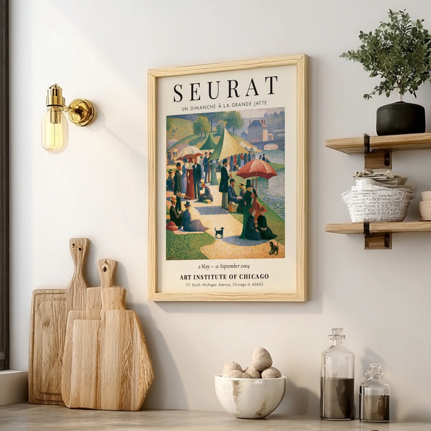 Seurat exhibition poster featuring Un Dimanche à la Grande Jatte with vibrant colors and serene picnic scene