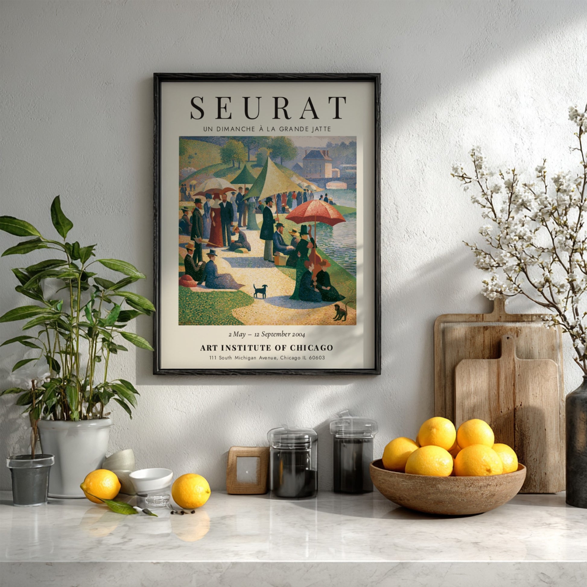 Seurat exhibition poster featuring Un Dimanche à la Grande Jatte with vibrant colors and serene picnic scene