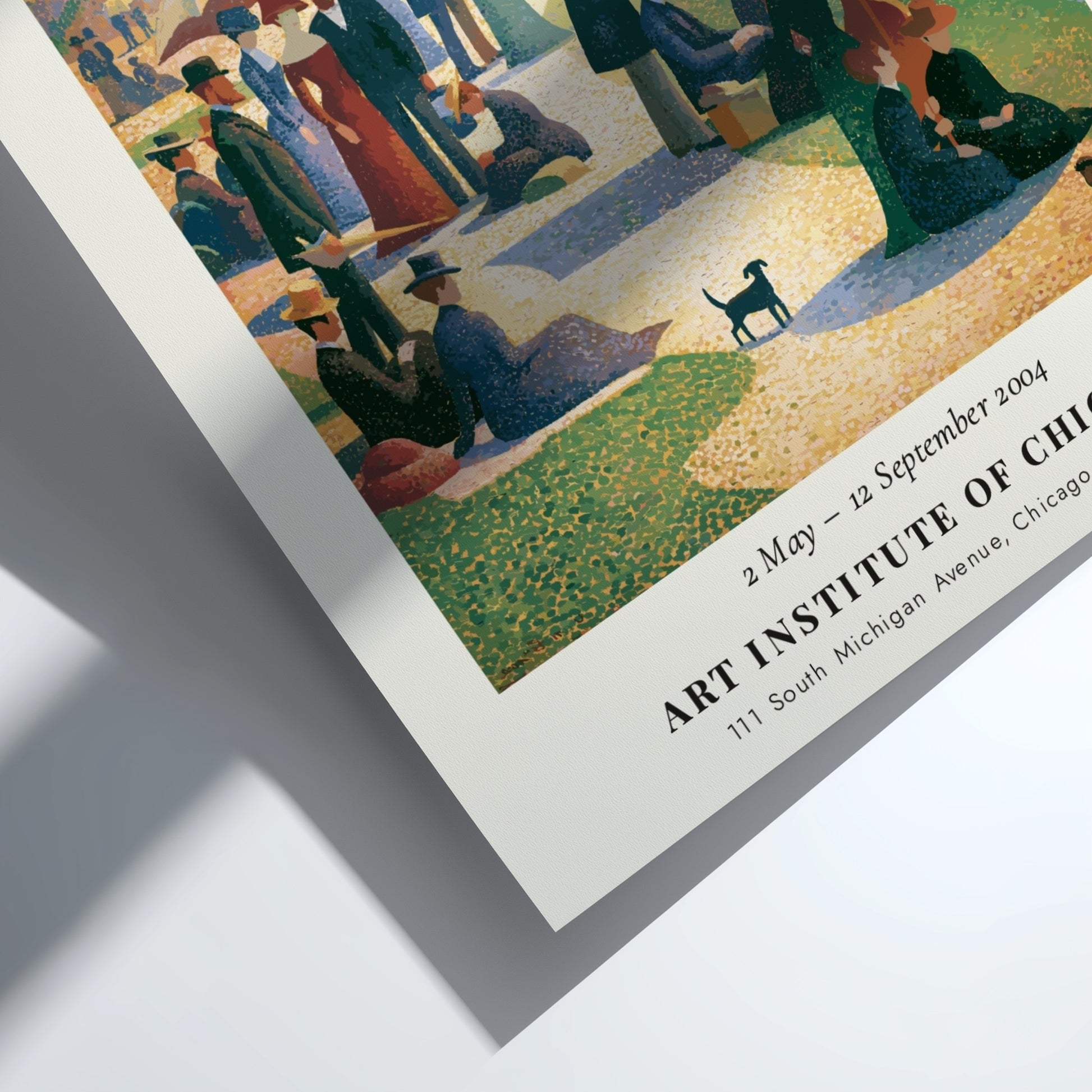 Seurat exhibition poster featuring Un Dimanche à la Grande Jatte with vibrant colors and serene picnic scene