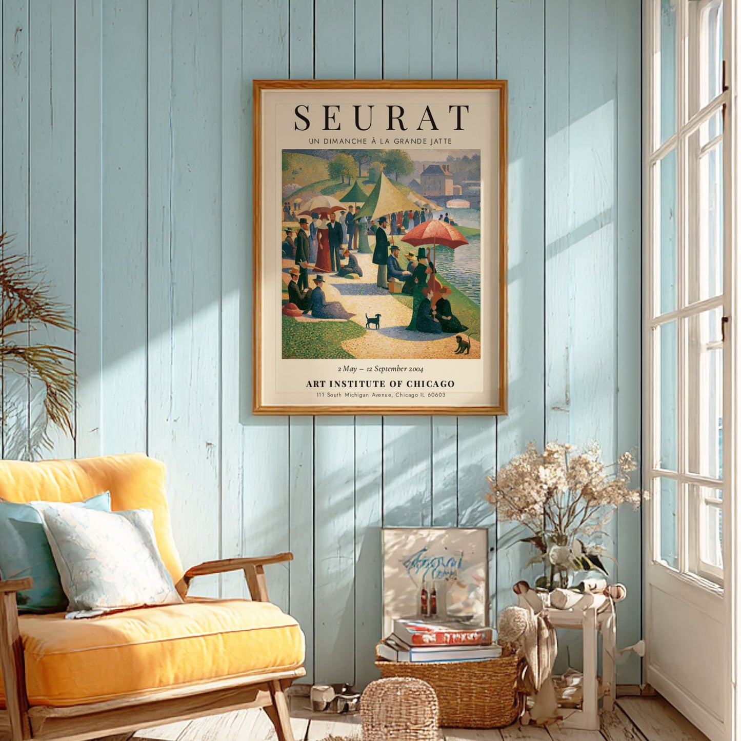 Seurat exhibition poster featuring Un Dimanche à la Grande Jatte with vibrant colors and serene picnic scene