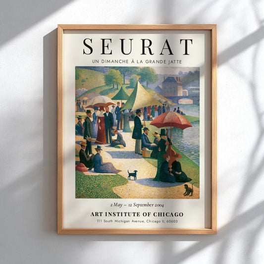 Seurat exhibition poster featuring Un Dimanche à la Grande Jatte with vibrant colors and serene picnic scene