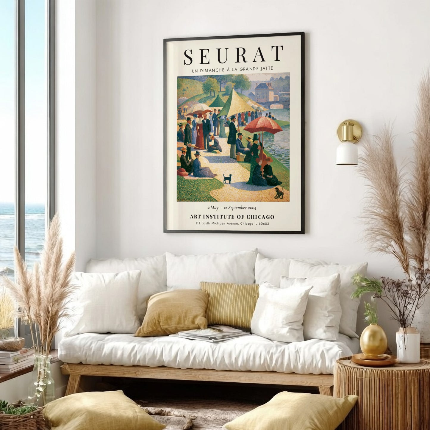 Seurat exhibition poster featuring Un Dimanche à la Grande Jatte with vibrant colors and serene picnic scene