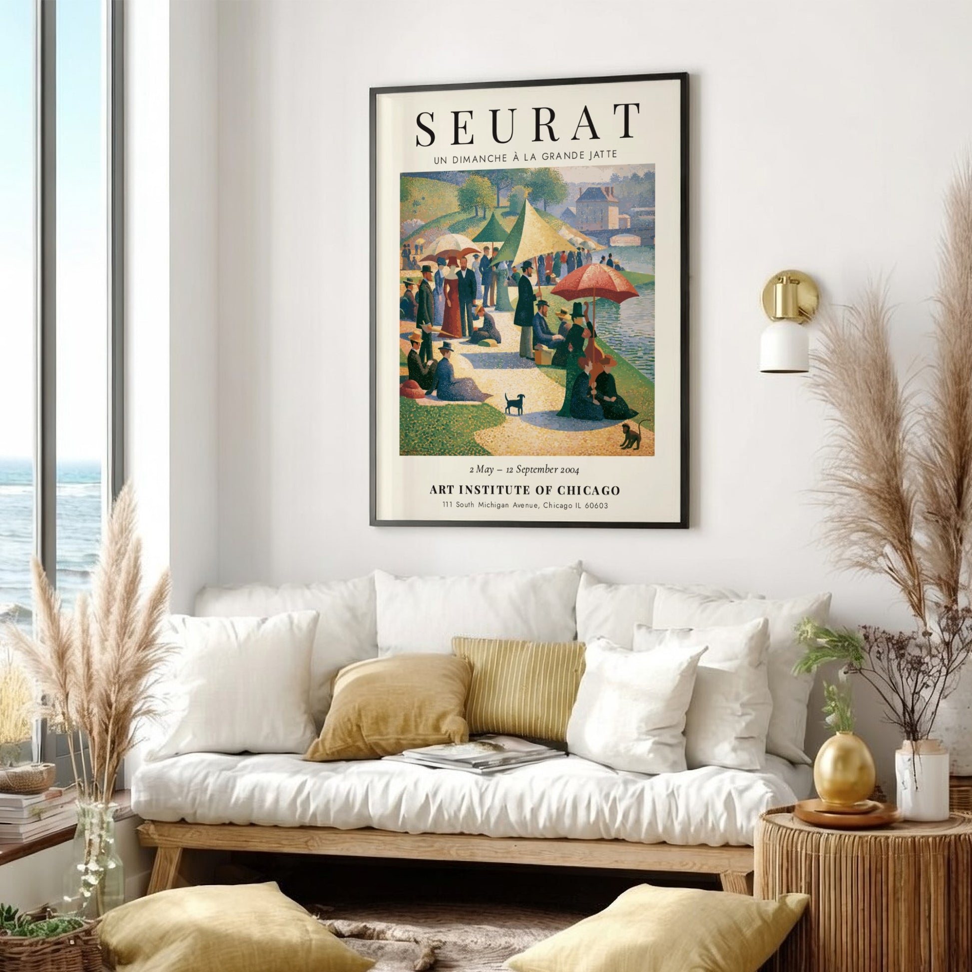 Seurat exhibition poster featuring Un Dimanche à la Grande Jatte with vibrant colors and serene picnic scene