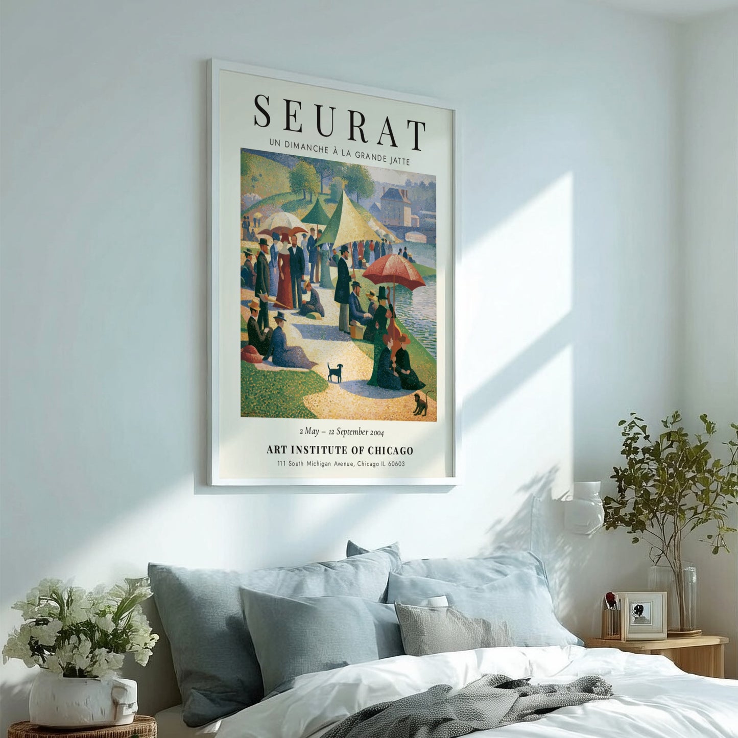 Seurat exhibition poster featuring Un Dimanche à la Grande Jatte with vibrant colors and serene picnic scene