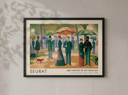 Wall art poster featuring Seurat Un Dimanche a la Grande Jatte in wood frame.