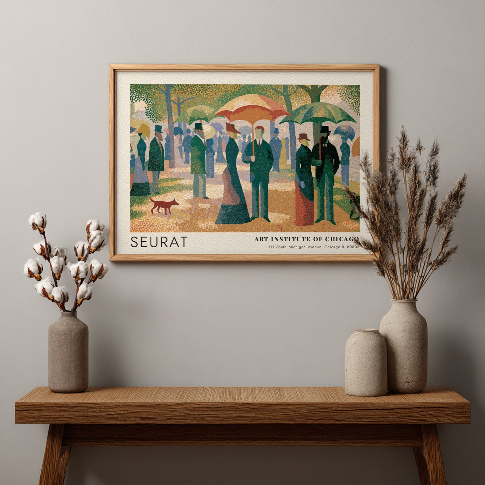 Wall art poster featuring Seurat Un Dimanche a la Grande Jatte in wood frame.