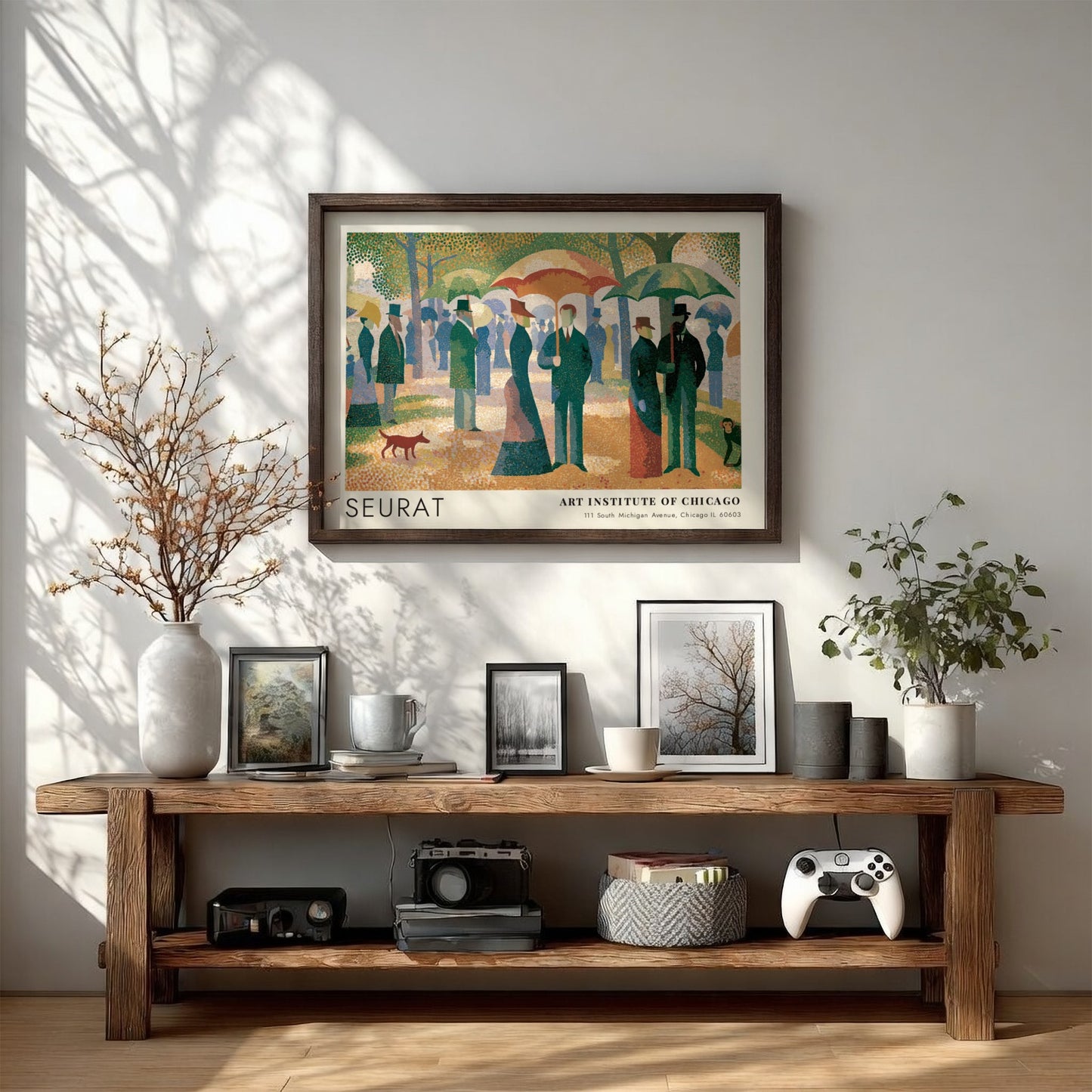 Wall art poster featuring Seurat Un Dimanche a la Grande Jatte in wood frame.